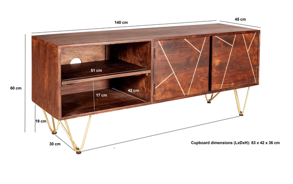 Dark Wood & Gold Plasma Retro Media TV Unit 2 Door 2 Shelf