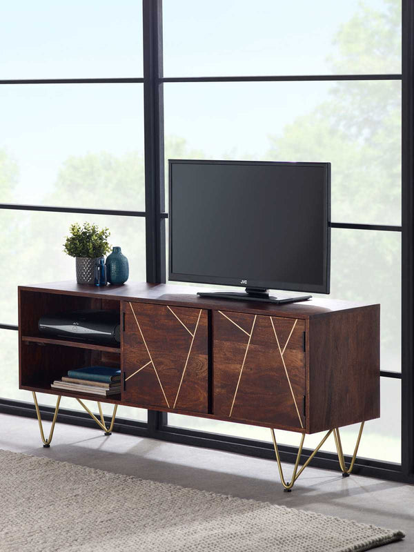 Dark Wood & Gold Plasma Retro Media TV Unit 2 Door 2 Shelf