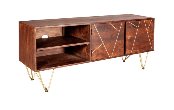 Dark Wood & Gold Plasma Retro Media TV Unit 2 Door 2 Shelf