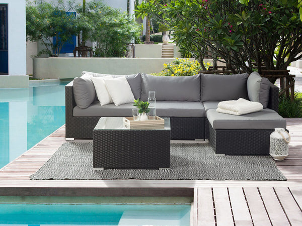 Garden Corner Sofa with Table 4 Seater SANO Right Hand Modular PE Rattan Black