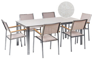 Cosoleto / Grosseto Garden Dining Set 6 Seater Tempered Glass Marble Effect White/ Beige